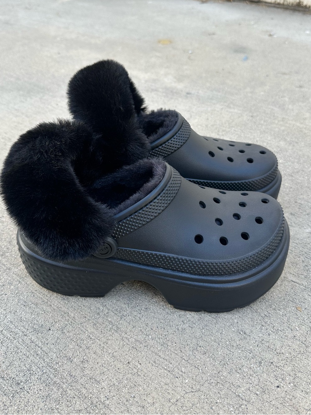 Crocs Stomp Lined Clog Fuzzy Fur Chunky Platform Slides|Black Like New~ Wom7